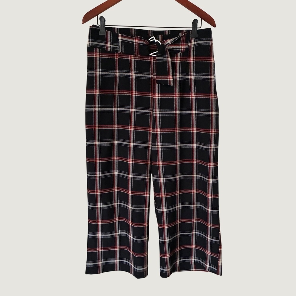 SOHO Apparel Black Red Plaid Wide Leg Belted Crop Pants XL Office Casual Strech